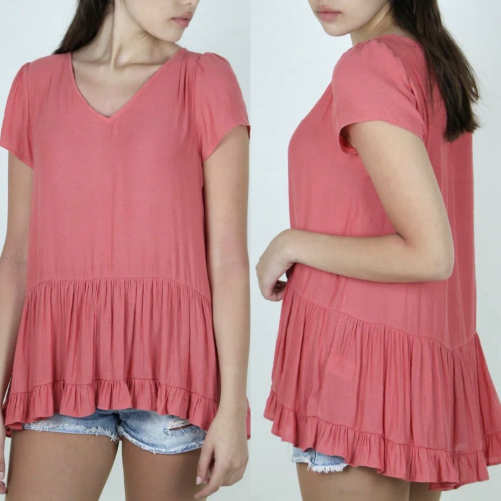 Ro & De Coral Ruffle Tunic Top Flowy‎ V Neck Boho Summer Medium